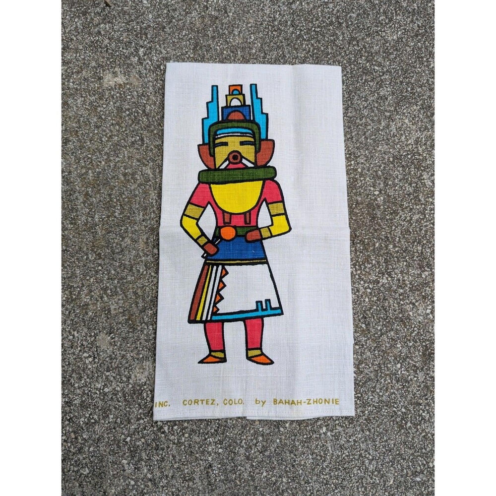 Vintage 1971 Kachina Tea Towel Hand Painted NIZHONIE CORTEZ Native BAHAH-ZHONIE